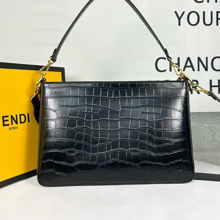 Vintage HOT Bag Shoulder In Zip O'Lock Black Crocodile Fendi Leather 0524